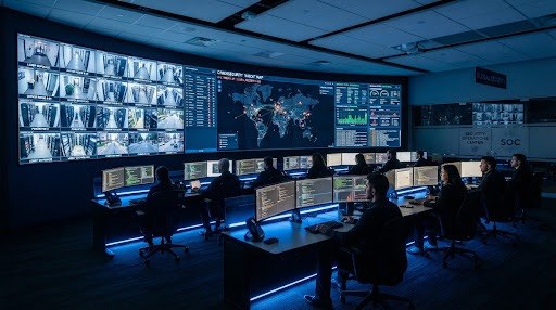 Central de monitoreo SOC con pantallas de videovigilancia